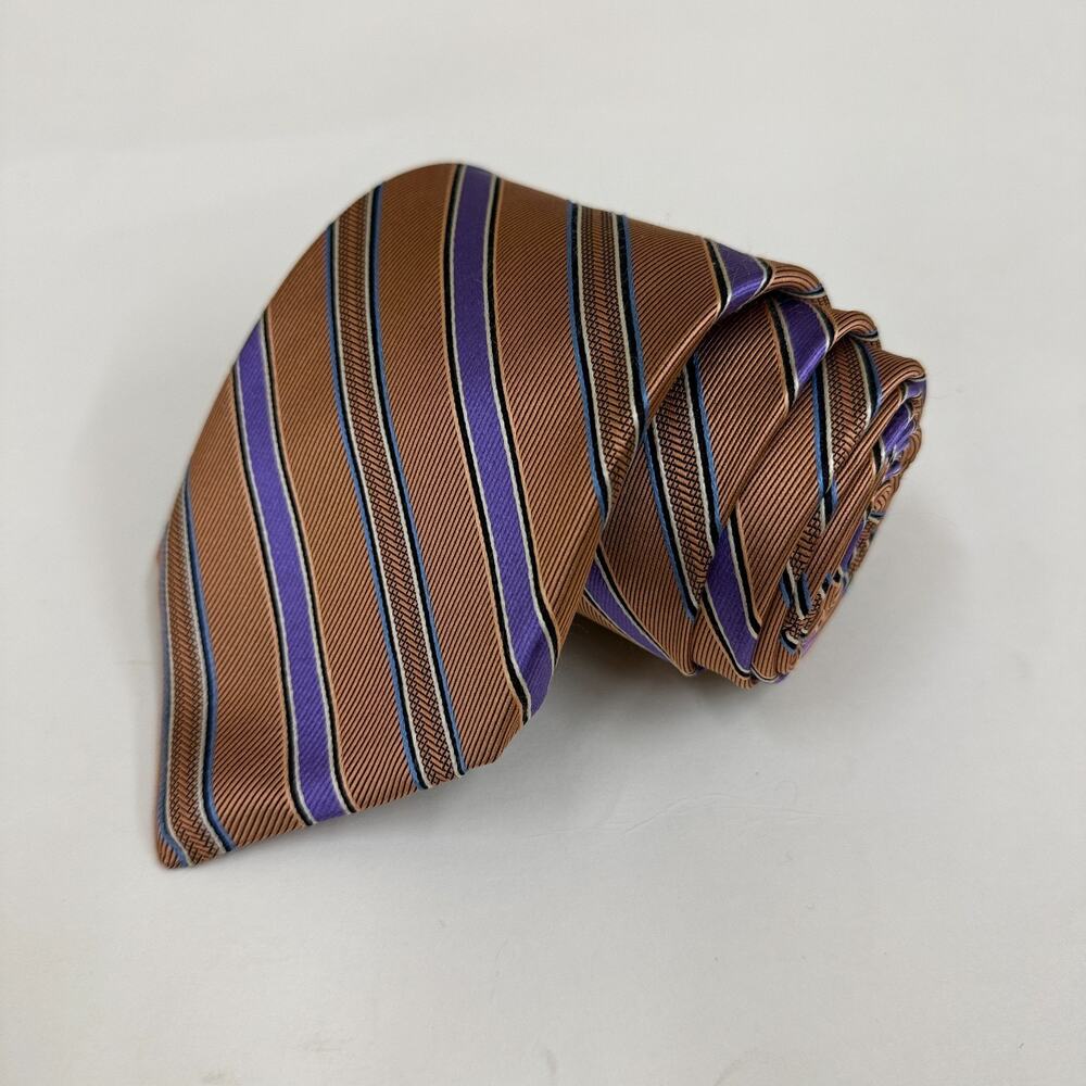 Robert Talbott Tan Purple Blue Stripe 100% Silk Tie Men's Repp Striped Classic U